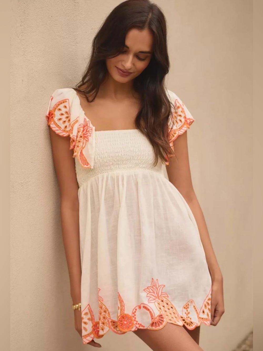 By Anthropologie Cream Embroidered Smocked Dress with Orange Embroidery Size SM